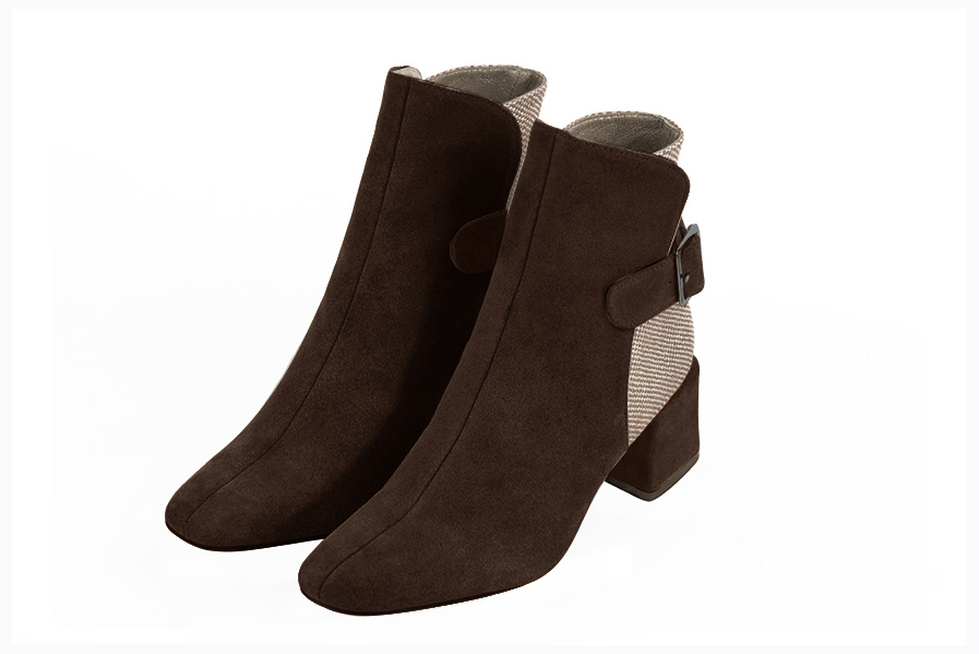 Dark brown and tan beige women's ankle boots with buckles at the back. Square toe. Medium block heels. Front view - Florence KOOIJMAN
